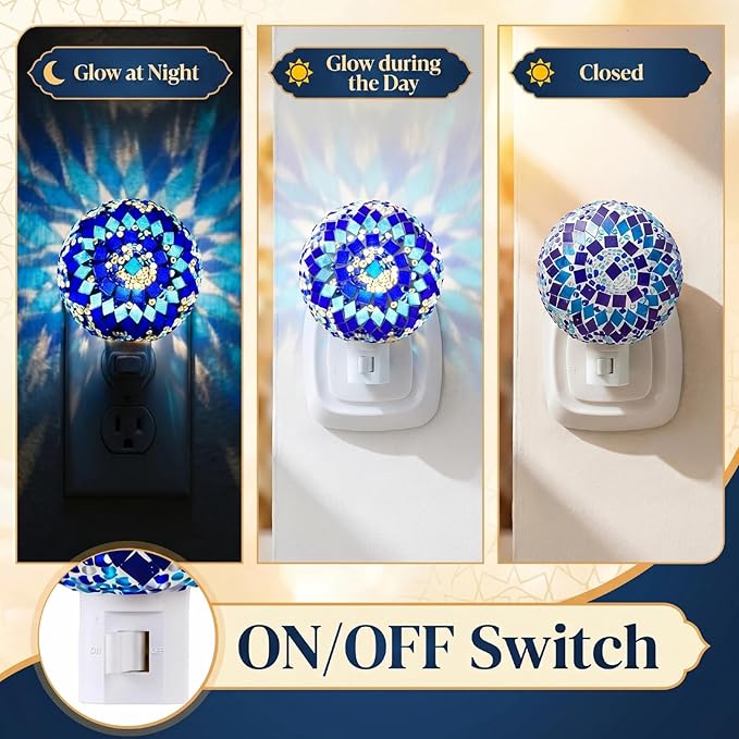 Baquler Turkish Night Light Plug in Wall - Moroccan Stained Glass Globe Lamp Bohemian Bedroom Decor Ambient Warm Light for Living Room Hallway Unique Gift for Women(Blue)