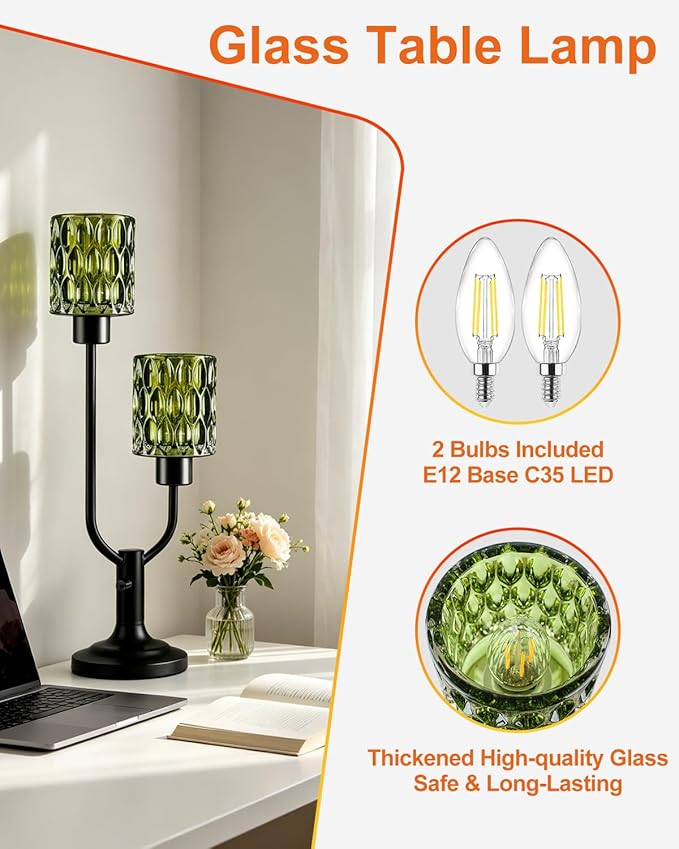 Lightdot Vintage Table Lamp for Living Room Dimmable Nightstand Lamp Mid Century Modern Green Glass Black Desk Lamp 2 Bulbs Included Warmwhite Ambient Bedside Lamps for Bedroom Home Office Decor Gift