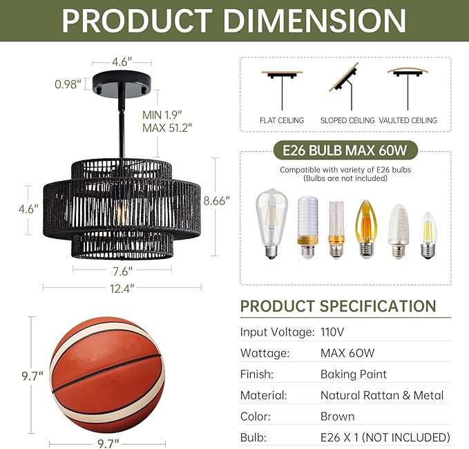 12.4” Black Boho Rattan Chandelier for Dining Room, 1-Light Hand Woven Pendant Light Fixture, Coastal Wicker Hanging Ceiling Light for Kitchen Island Living Room Bedroom Entryway Foyer