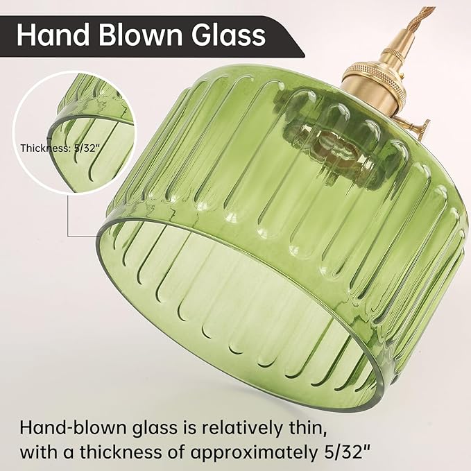Shenmoyl Plug in Pendant Light Hanging Light Fixtures with Plugin Cord On/Off Switch,Green Striped Glass Lampshade Brass Pendant Light