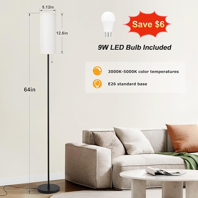 Ambimall 64'' Floor Lamp for Living Room with Bulb, 3 Color Temperature, Tall Lamps with Beige Lampshade & Pull Chain Switch, Pole Lamps Suitable for Bedrooms Study, Minimalist Floor Lamp