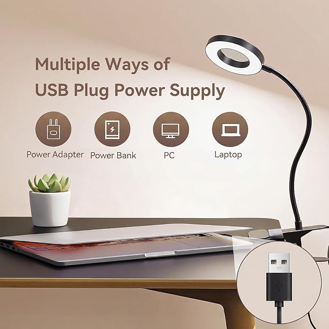 2 Pack LED Clip on Desk Lamp, Metal 360 Adjustable Neck Eye-Caring Clamp Lamp with Memory Function, 3 Color Modes & 10 Brightness Levels for Home, Office, Dorm, Bedroom