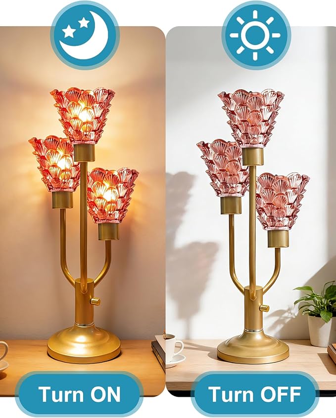 Mid Century Modern Table Lamp Dimmable Nightstand Lamp Red Glass Gold Vintage Desk Lamp 3 Bulbs Included Warmwhite Ambient Bedside Lamps for Living Room Bedroom End Table Office Home Decor
