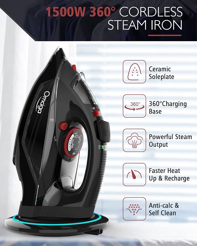 OMAIGA Cordless Iron for Clothes, 1500W Fast-Heating Steam Iron with Non-Stick Ceramic Soleplate,Burst of Steam for Clothes, Auto Shut Off, Self-Clean,3 Temperature Settings, 11.84oz Water Tank, Black