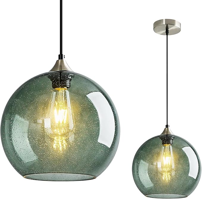Mikeru Glass Globe Pendant Light Single, 5.9 Inch Gray Green Bubble Glass Hanging Lamp, Mid Century Modern Pendant Lighting for Kitchen Island Dining Room Bedroom (Bulb Not Included)