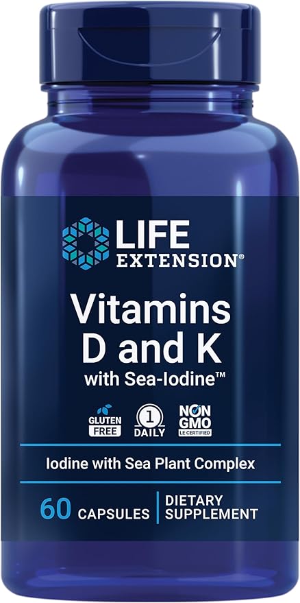 Life Extension ビタミンDとK SeaIodine配合 骨、脳、甲状腺、動脈サポート 非遺伝子組み換え 1日1回 グルテンフリー 60粒