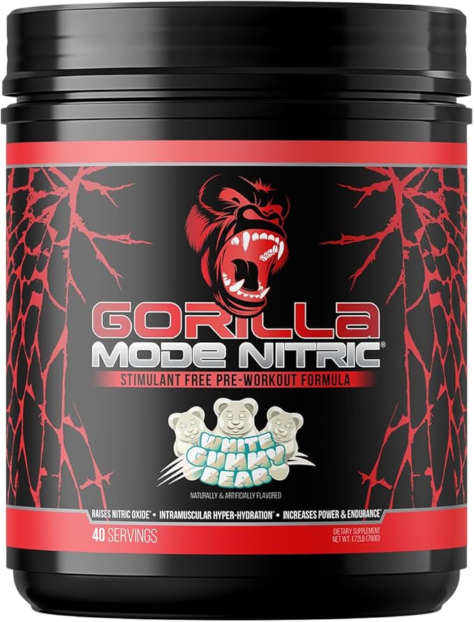 Pre-Workout Stimulant-Free Gorilla Mode Nitric Amélioré – Le Pre-Workout Stimulant-Free le Plus Goûteux et le Plus Efficace / Pompes Musculaires Massives · Vasodilatation · Puissance / 780 Grammes (Oursons Gélifiés Blancs)