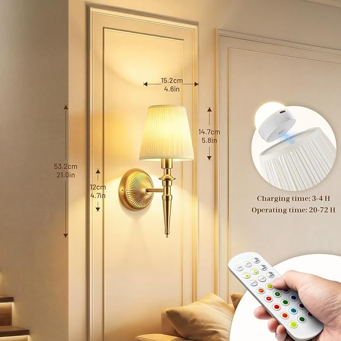 Battery Operated Wall Sconces Set of 2, Wireless Rechargeable Wall Lights with 12 RGB Colors and 3CCT Dimmable, Small Fabric LED Wall Lamps for Bedroom, Living Room, Hallway, Gold