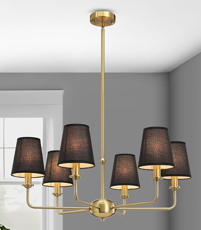 6-Light Brushed Gold Chandelier with Black Fabric Shades, Modern Brushed Brass Chandelier Light Fixture, E12 Base Hanging Pendant Light for Dining Room Living Room Bedroom Kitchen Island Foyer