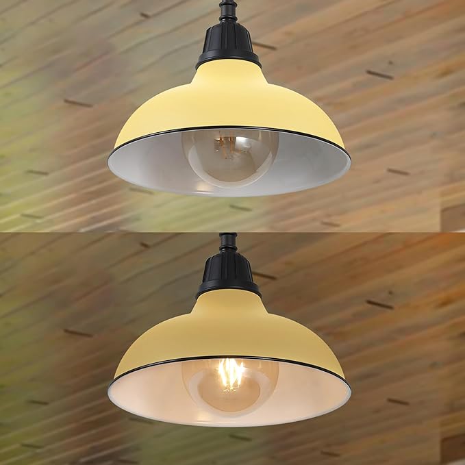 JONATHAN Y 12.25" Matte Yellow 1-Light Farmhouse Indoor/Outdoor LED Pendant Iron Hanging Light, and Black Metal Shade, Rustic Ceiling Lamp for Kitchen Island, LED Bulb Included (JYL7611H)