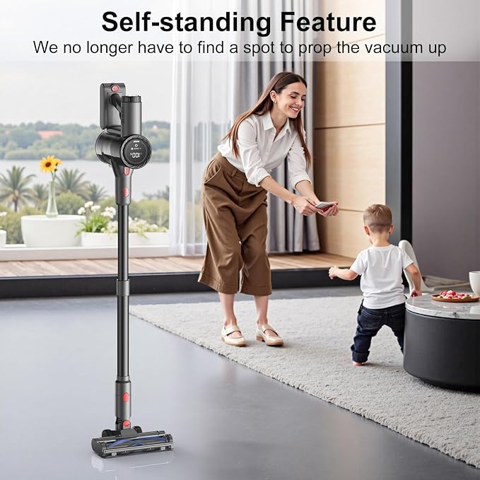 Cordless Vacuum Cleaner, 45KPA Powerful Stick Vacuum with LED Display Design, Tangle-Free Brush, Self-Standing, HEPA Filter, for Pet Hair, Carpet, Hardwood - Black