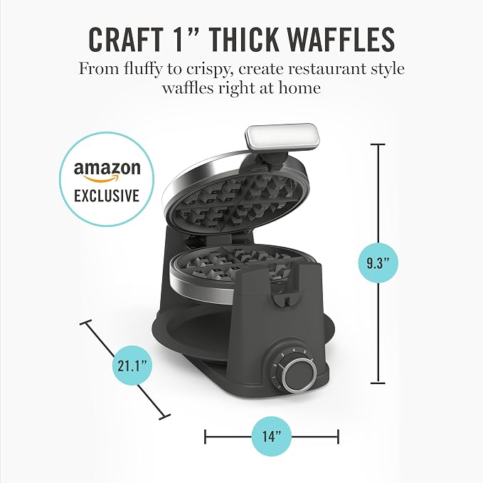 Martha Stewart Rotating Waffle Maker, 180° Flip Iron with PFAS-Free Nonstick Plates, Adjustable Timer, Ready Light, Drip Tray, Space Saving, Classic Round 7”, Easy to Clean, Stainless Steel, Caviar