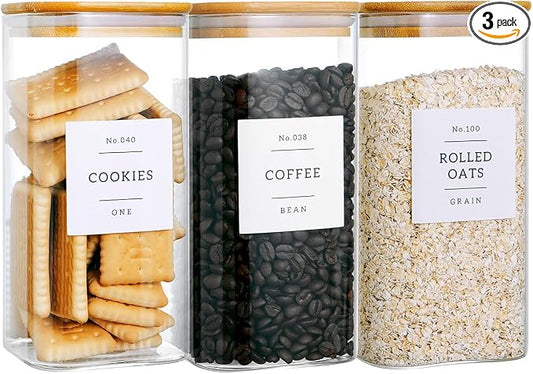 CZZGSM 3 Pack Square Glass Kitchen Storage Jars with Airtight Bamboo Lids and 132 Pantry Labels - 54oz Glass Canisters with Wood Lids - Food Storage for Sugar, Rice, Pasta, Cereal