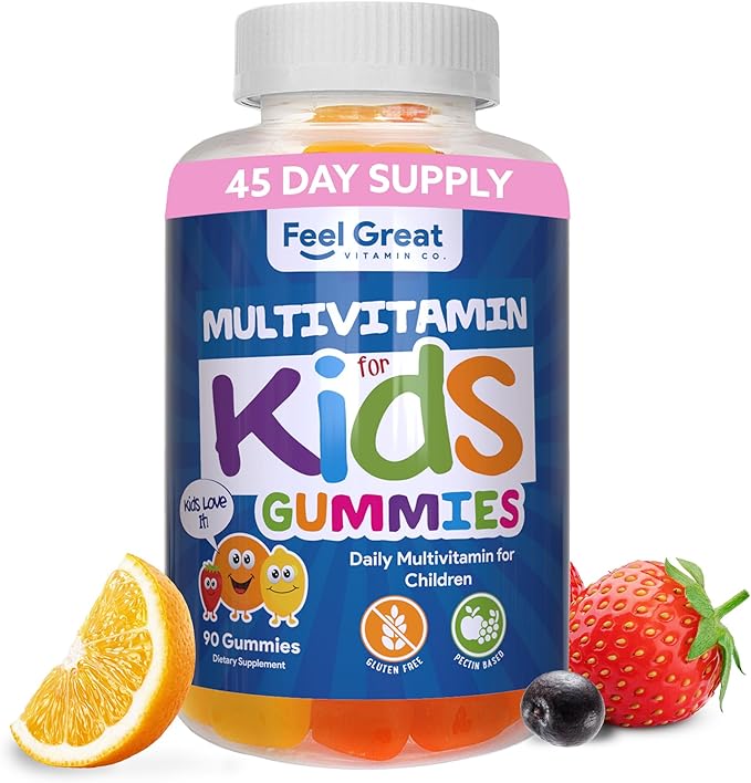Gummies multivitamines Feel Great Kids | Vitamines saveur agrumes et fraise pour enfants | Gummies multivitamines avec vitamine D pour le soutien des os, des muscles et du système immunitaire | Vitamines à croquer | Pour 45 jours