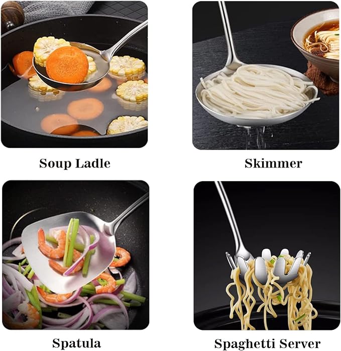 Stainless Steel Kitchen Utensils Set, 6 Pcs Professional All Metal Cooking Utensils Set 12-13.6 Inch, Wok Spatula, Ladle, Skimmer, Slotted Spatula Turner, Spaghetti Spoon, Large Spoon