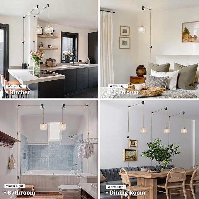 Shenmoyl Plug in Pendant Light Hanging Light Fixture Corded On/Off Switch Brass Pendant Light with Clear Striped Glass Lampshade for Bedroom Living Room Kitchen Island