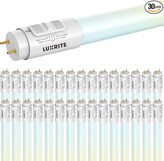 LUXRITE 4FT LED Tube Light, T8, 12W/15W/18W, 5CCT 3000K-6500K, 1620/1950/2250LM, 220°, Ballast Compatible or Bypass, Single/Double End, Fluorescent Replacement Damp Rated UL and DLC Listed (30 Pack)