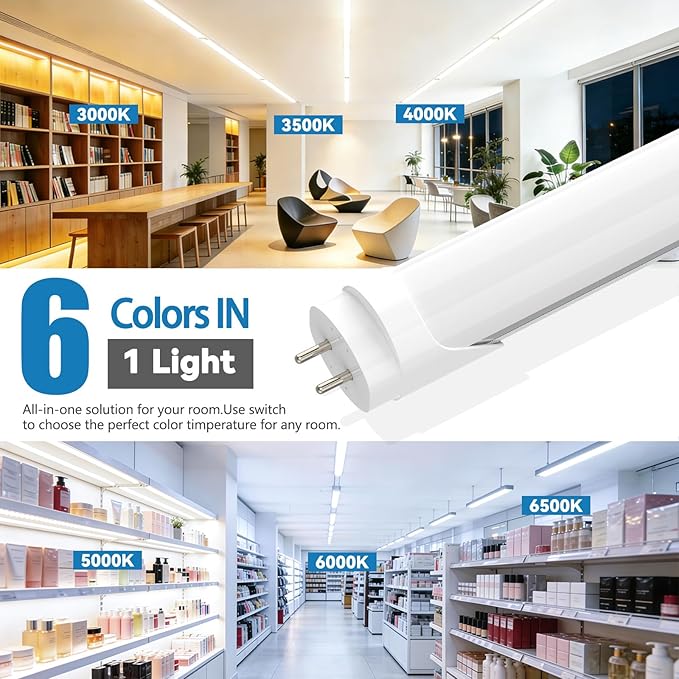 T8 LED Bulbs 4 Foot, LED Tube Lights 4ft Type A+B, 24W, 3200LM, 6 CCT(3000K-6500K) Plug and Play or Ballast Bypass, Fluorescent Light Bulb 48 Inch T10 T12 Tube Replacement, Dual-Ended, Frosted, 2 Pack