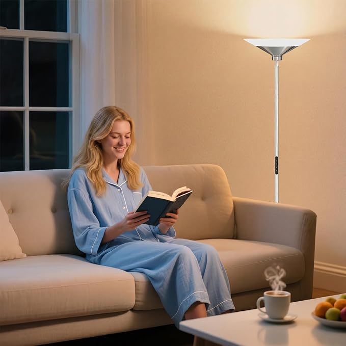 SIBRILLE Metallic Silver Torchiere Floor Lamp - 30W Dimmable LED Standing Lamp with Remote/Button Control, 1800Lm, 3000-6500K, 72in Tall Bright Pole Light for Living Room Bedroom Office Corner