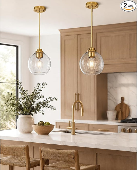 2-Pack Pendant Lights Kitchen Island, 7" Modern Brushed Gold Hanging Lights Fixtures with Clear Seeded Glass Globe Shade, Kitchen Island Lighting for Bathroom, AD-22280-1P2-GD-S