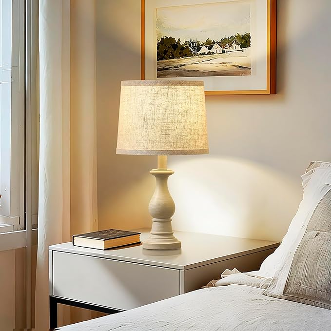 Vintage Table Lamp for Living Room Bedroom, 18.5" Farmhouse Bedside Lamps Nightstand Lamp Set of 2, Table Lamps with Oatmeal Linen Lamp Shades, 2 LED Bulbs Included
