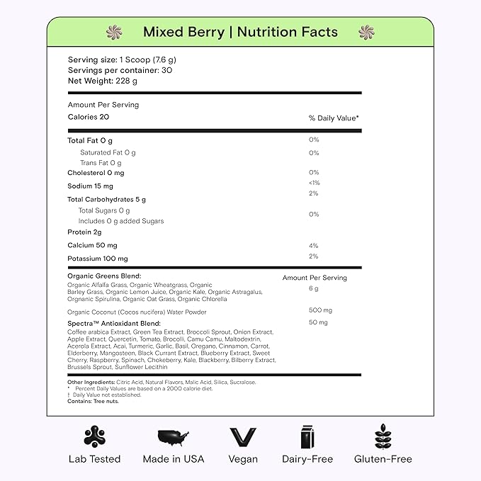 Kiala Nutrition Super Greens, Organic Greens Powder with Spirulina & Chlorella for Digestion, Gut Health, Immunity, Adaptogens, Energy, Gluten Free, Vegan, Sugar Free, Mixed Berry, 30 Servings