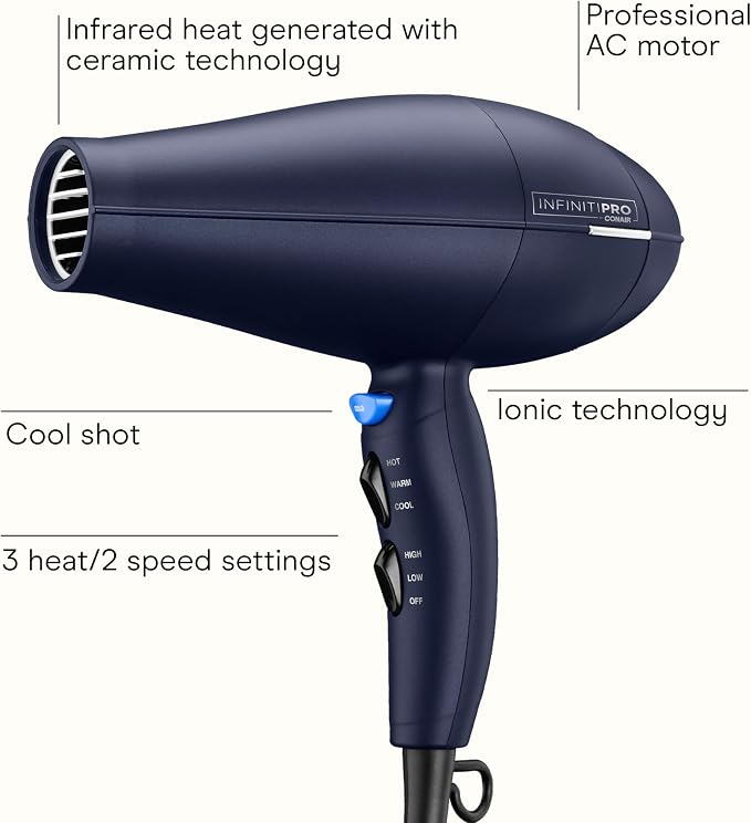 Infiniti PRO CONAIR Hair Dryer with Innovative Diffuser, Enhances Curls and Waves While Reducing Frizz, Dark Blue (Pack of 2)
