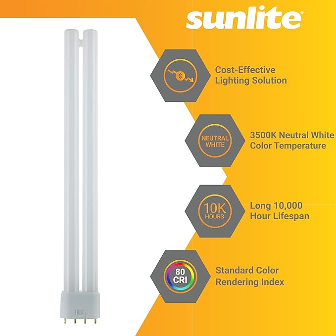 Sunlite FT24DL/835 Plug-in Twin Tube Compact Fluorescent Lamp, FT 4-Pin, 24 Watts, 1800 Lumens, 3500K Neutral White, 4-Pin (2G11) Base, 120 Volts, 10 Pack