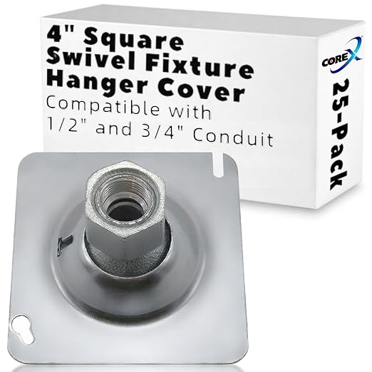 25 Pack Square Swivel Fixture Hanger Cover for Use with Square Electrical Boxes - Fits 1/2" and 3/4" Threaded Nipple and Conduit - Malleable Iron Swivel Hub with Steel Cover and Reducing Bushing