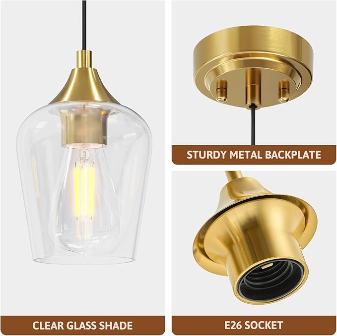 VONLUCE Pendant Lights Kitchen Island, Brushed Gold Pendant Light Fixtures with E26 Base & Adjustable Cable, Modern Pendant Lighting with Glass Shade for Living Room Bedroom Hallway, 3 Packs