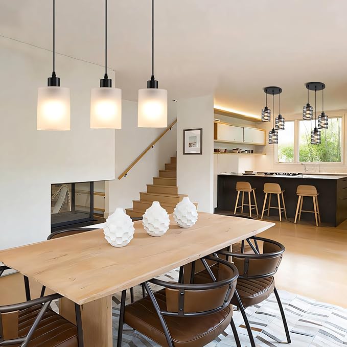 3-Pack Industrial Pendant Lighting, Modern Frosted Glass Shade Farmhouse Adjustable Hanging Light Fixtures for Kitchen Island Living Room Bedroom Hallway