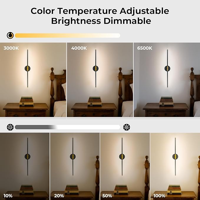 GvvooHome 28.3" Battery Operated Wall Sconces Set of 2, 360°Rotation Rechargeable Wall Lights with Remote Control, 3000K-6500K LED Detachable Wall Lamp for Bedroom, Hallway, Black Gold