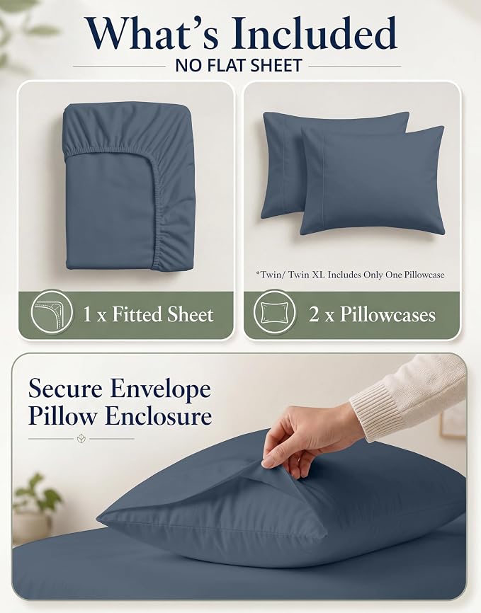 LANE LINEN King Size Fitted Sheet, 100% Organic Cotton, 3-Piece Set (1 Fitted Sheet,2 Pillowcases), Percale Weave, Ultra Soft, Breathable,Fits Mattress Upto 15" Deep - Estate Blue (No Flat Sheet)