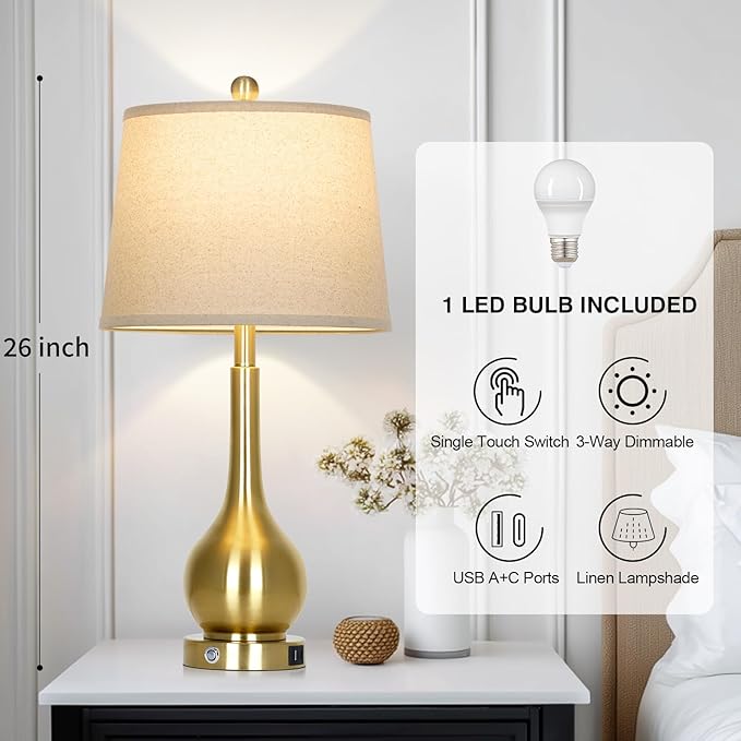 Rinweey 26" Gold Table Lamp for Living Room Single, Touch Control Bedside Lamp for Bedroom, 3-Way Dimmable End Table Lamp for Nightstand with USB Charging Port (1 Pack)