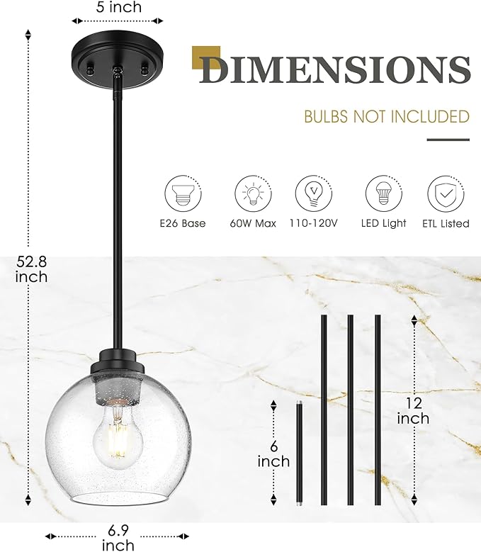2-Pack Pendant Lights Kitchen Island, 7" Modern Black Hanging Lights Fixtures with Clear Seeded Glass Globe Shade, Kitchen Island Lighting for Bathroom, AD-22280-1P2-BK-S