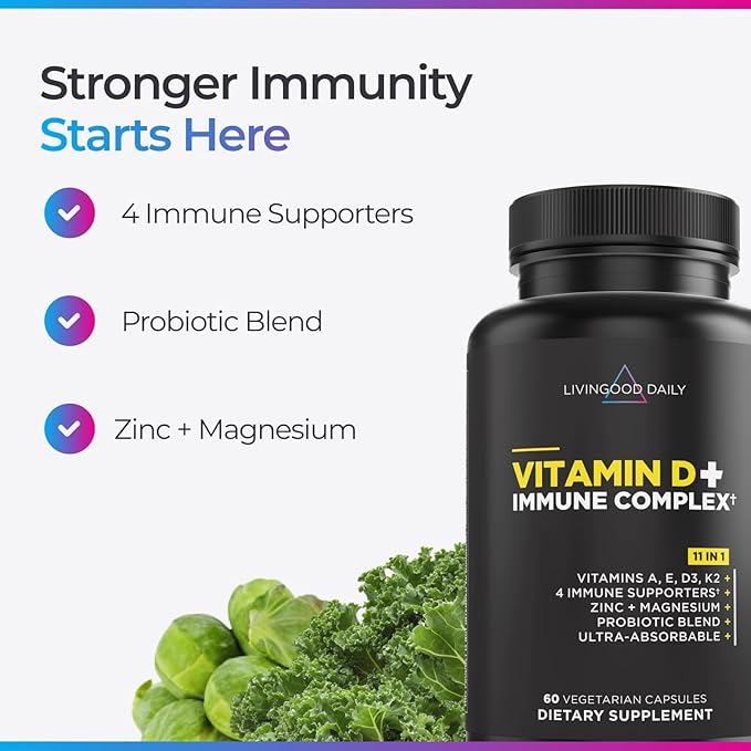 Livingood Daily Vitamine D3 K2 4000 UI, Complément Alimentaire 9-en-1 pour le Soutien Immunitaire - Fabriqué avec des Vitamines D, A, E, K2, du Zinc, du Magnésium et un Mélange Probiotique pour une Absorption Maximale - 60 Capsules