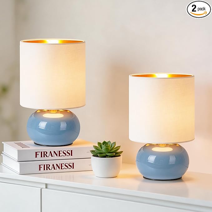 Hamucd Ceramic Table Lamps Set of 2, Modern Classic Bedside Lamps for Nightstand, Small Table Lamp for Bedroom Living Room Desk End Table(Blue)