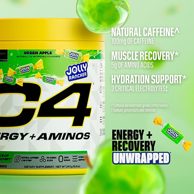 C4 Energy + Aminos Powder Jolly Rancher Green Apple, 5g BCAAs & EAAs for Muscle Recovery, 3 Electrolytes for Hydration, 100mg Natural Caffeine, Pre Workout, Zero Sugar, 30 Servings