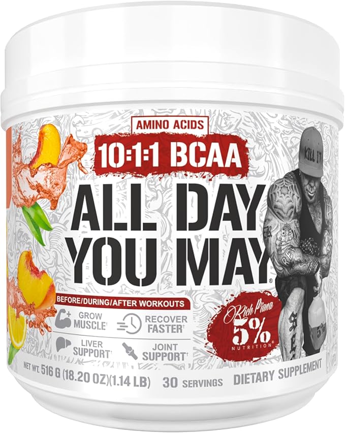 5% Nutrition Rich Piana AllDayYouMay BCAA Powder Premium Intra & Post Workout Amino Acids, Hydration, Endurance, Muscle Recovery, Joint & Liver | 18.2 oz, 30 Srvgs (Peach Tea)