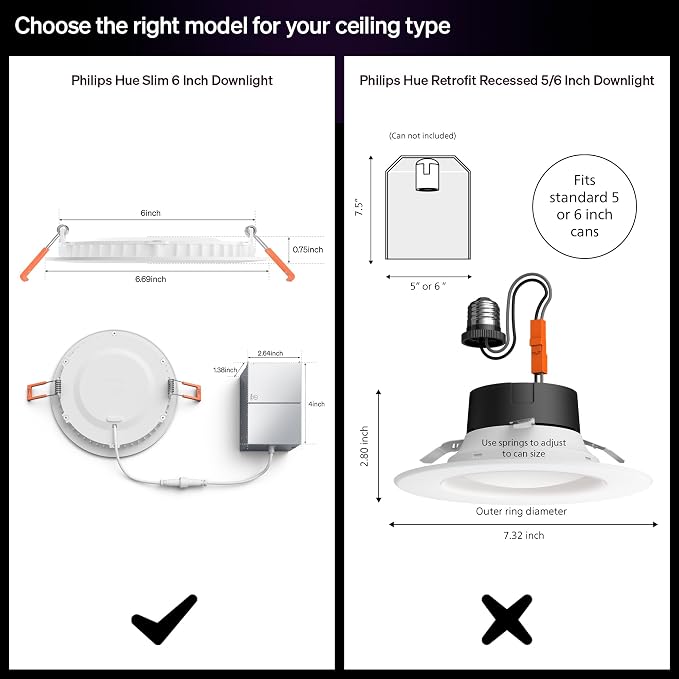 Philips Hue Slim Downlight, Recessed LED Ceiling Light 1-Pack, 1200 lm, 6-inch, Canless Design, Full-Spectrum Daylight 1000K-20000K, Ultra-Low Dimming, Precise Color, Smart Lighting, White