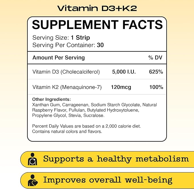 Complément Vitamine D3 K2 5000 UI - Bandelettes orales à absorption rapide pour la santé des os et du cœur - Formule D K2 végétale - D3K2 - Vitamine D3 à haute puissance avec K2 - Sans OGM - Sans sucre (30 doses)