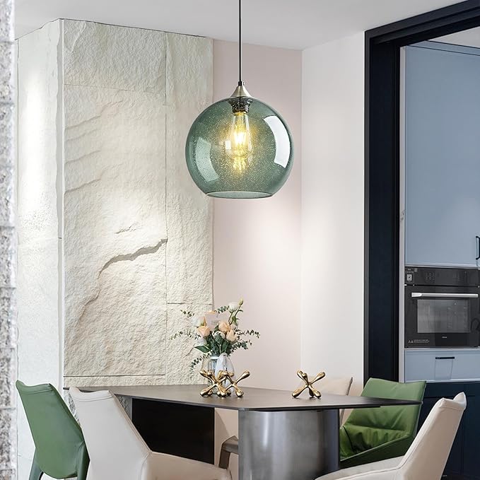 Mikeru Glass Globe Pendant Light Single, 5.9 Inch Gray Green Bubble Glass Hanging Lamp, Mid Century Modern Pendant Lighting for Kitchen Island Dining Room Bedroom (Bulb Not Included)