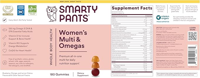 Gummies multivitaminées pour femmes SmartyPants : Huile de poisson Oméga 3 (EPA/DHA), Méthylfolate, CoQ10, Vitamine D3, C, Vitamine B12, B6, A, K & Zinc, Inositol, Sans gluten, (Pour 30 jours), 180 gommes (Lot de 2)