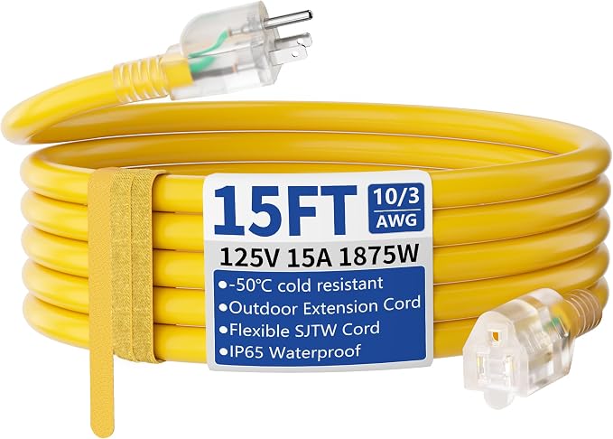 15ft Outdoor/Indoor Extension Cord with Lighted 10/3 Gauge Ultra 3 Prong Heavy Duty SJTW, Waterproof, Flexible Cold-Resistant,15A 125V 1875W, Yellow