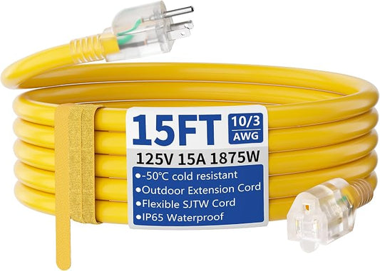 15ft Outdoor/Indoor Extension Cord with Lighted 10/3 Gauge Ultra 3 Prong Heavy Duty SJTW, Waterproof, Flexible Cold-Resistant,15A 125V 1875W, Yellow