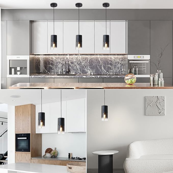Black Pendant Light Fixtures, Adjustable Modern Pendant Lights for Kitchen Island, Industrial Glass Pendant Lights for Dining Table Hallway Bedroom Living Room,1 Pack