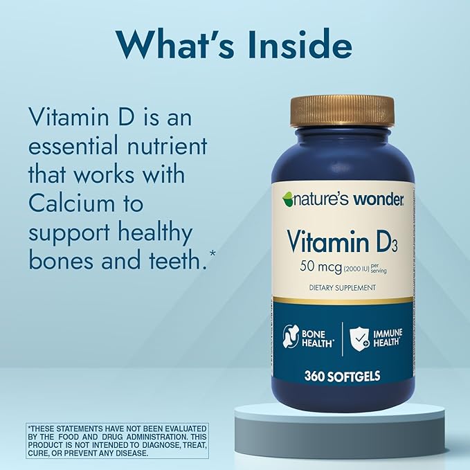 Nature's Wonder Vitamin D3 2000iu (50mcg), 1 Year Supply to Support Bone Health, Immune System, and Promotes Calcium Absorption, Gluten Free, 360 Softgels