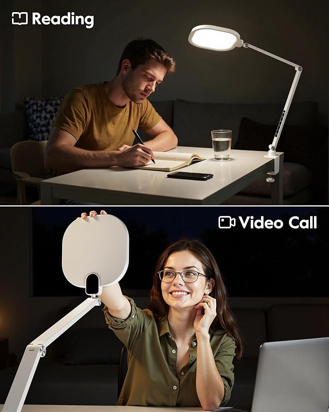 LitONES Led Desk Lamp with Clamp, 2000LM Dimmable Home Office Desktop Light, 3000k-6500k Adjustable Swing Arm Ring Light for Video Conference, Study, Reading, Zoom Calls, Streaming (White)