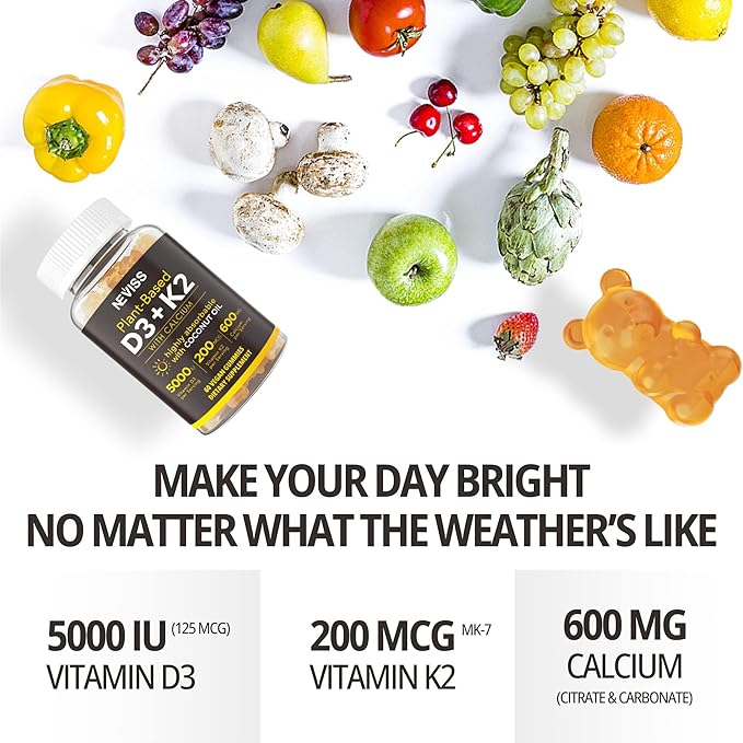 ビタミンD3 5000IU＆K2(MK7) 200mcg グミ + カルシウム 600mg、ココナッツオイル配合で高吸収、最大強度ビタミンD3 K2サプリメント - 骨、筋肉、歯、免疫のサポートに、ビーガン対応 60粒