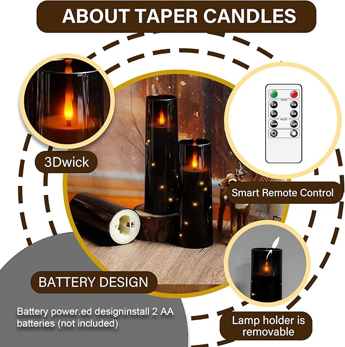 kakoya Flameless LED Candles with Timer 9 Pc Flickering Flameless Candles for Romantic Ambiance and Home Decoration Stable Acrylic Shell,with Embedded Star String,Battery Operated Candles（Black）